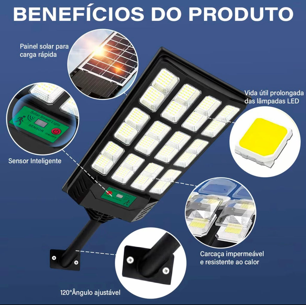 Luminária LED Solar Potência 900W + Sensor de Presença e Controle Remoto - Compre 1 Leve 2