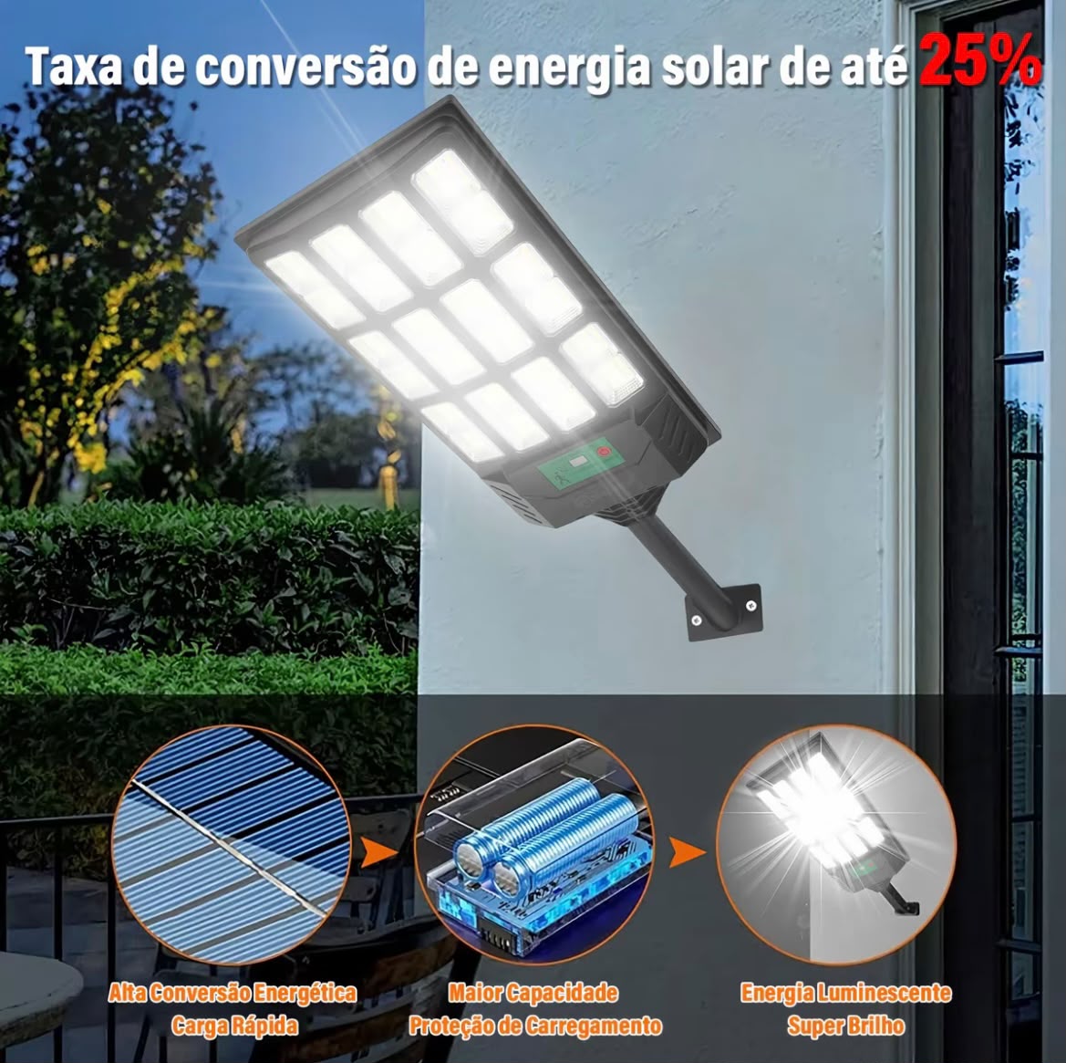 Luminária LED Solar Potência 900W + Sensor de Presença e Controle Remoto - Compre 1 Leve 2